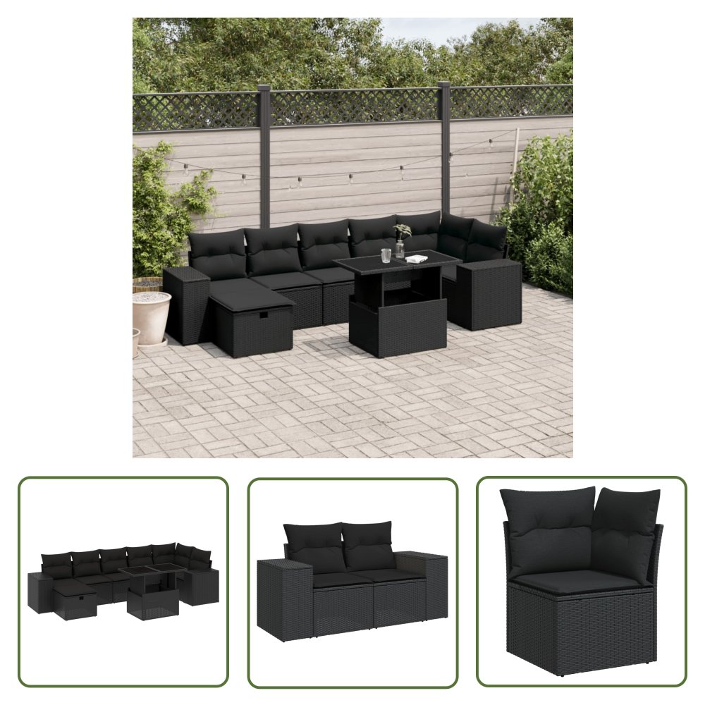 The Living Store 8-cz. zestaw wypoczynkowy do ogrodu - z poduszkami - czarny - Sofa Ogrodowa