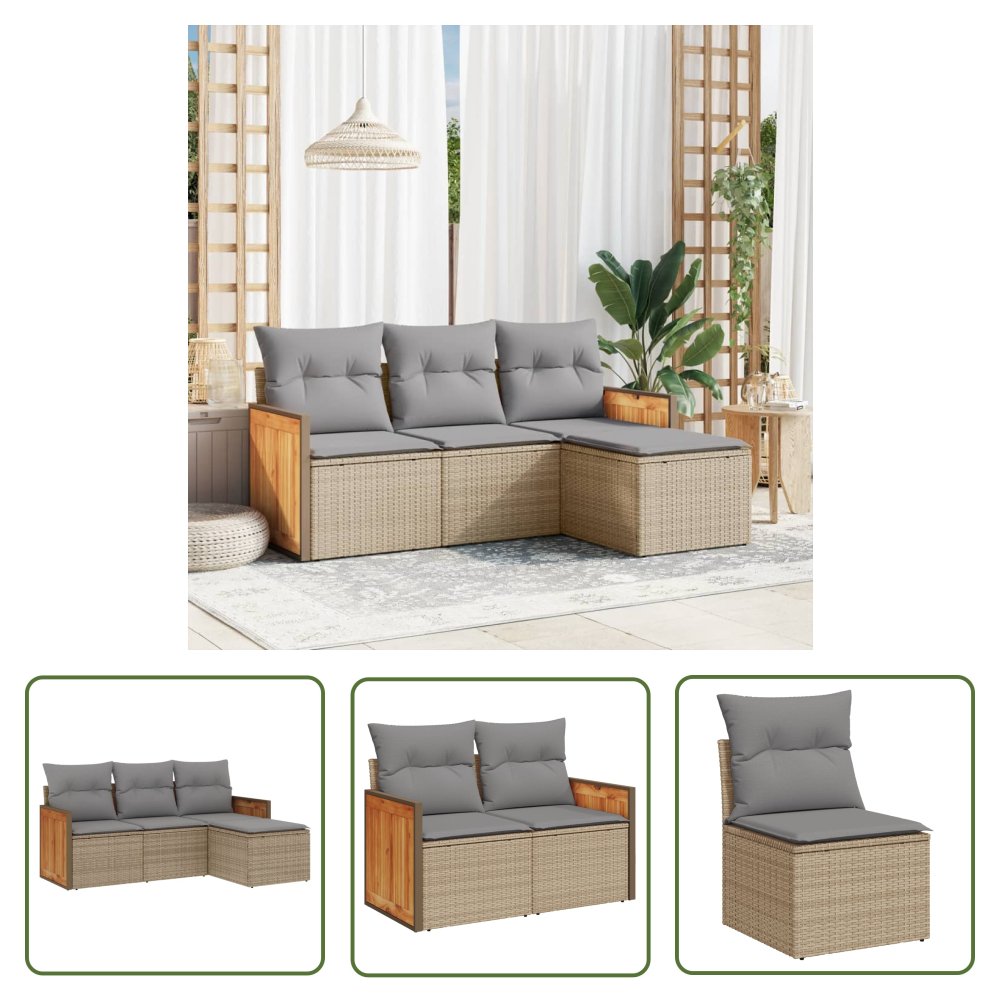 The Living Store 4-cz. zestaw mebli ogrodowych z poduszkami - beżowy - polirattan - Sofa Ogrodowa
