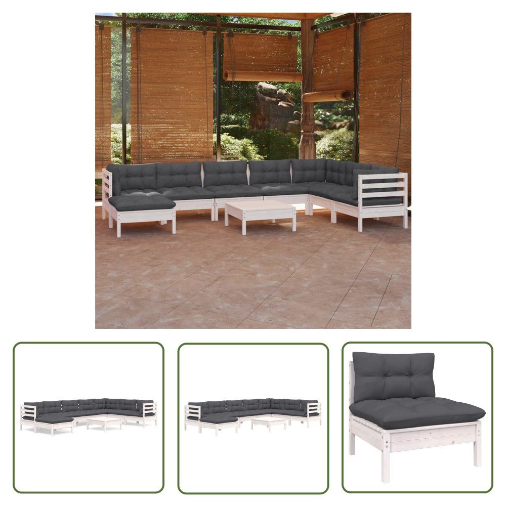 The Living Store 9-cz. zestaw wypoczynkowy do ogrodu - poduszki - biała sosna - Zestaw Wypoczynkowy Do Ogrodu