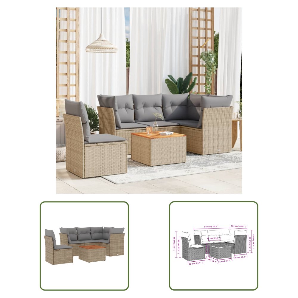 The Living Store 6-cz. zestaw mebli ogrodowych z poduszkami - beżowy - polirattan - Sofa Ogrodowa