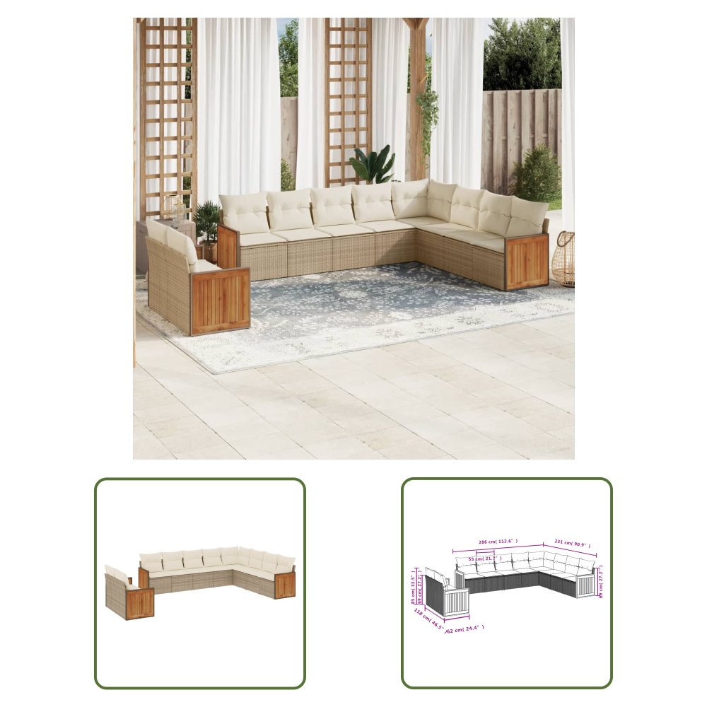 The Living Store 10-cz. zestaw mebli ogrodowych z poduszkami - beżowy - polirattan - Sofa Ogrodowa