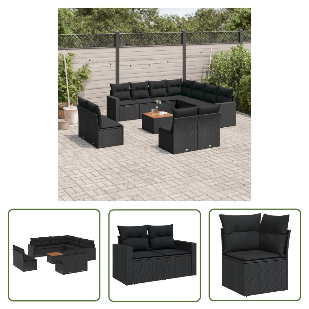The Living Store 12-cz. zestaw mebli do ogrodu - z poduszkami - czarny - polirattan - Sofa Ogrodowa