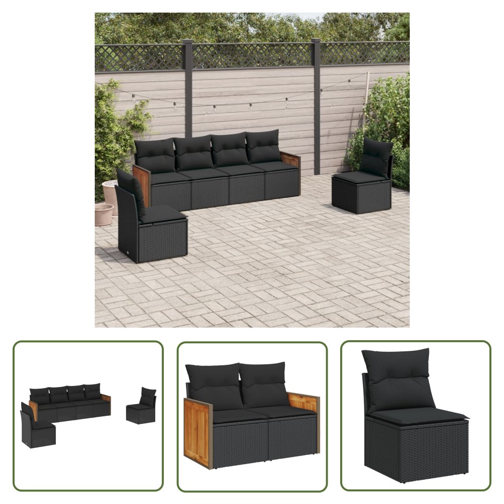 The Living Store 6-cz. zestaw mebli ogrodowych z poduszkami - czarny polirattan - Sofa Ogrodowa