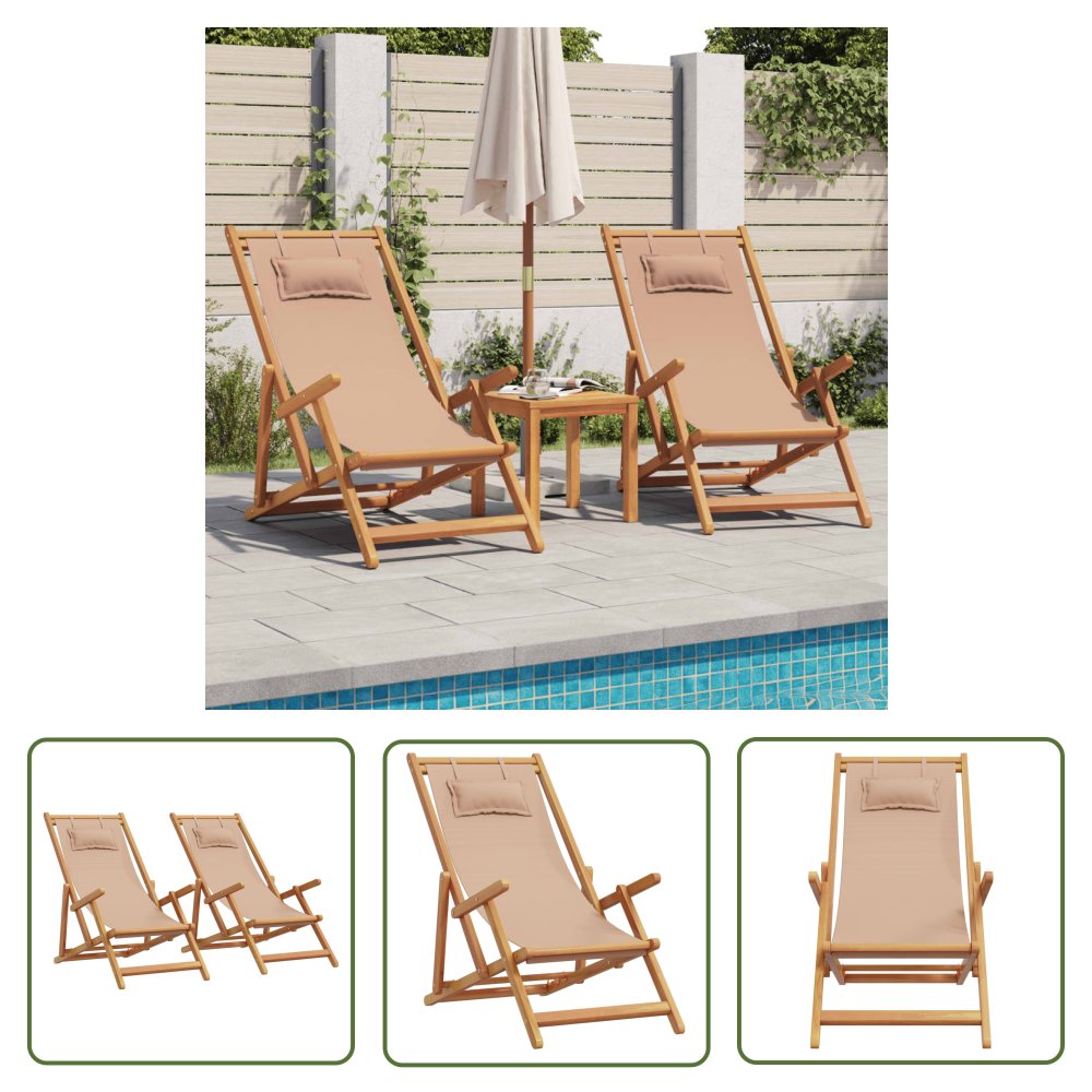 The Living Store Składane krzesła plażowe - 2 szt. - taupe - tkanina i lite drewno - Krzesło Plażowe