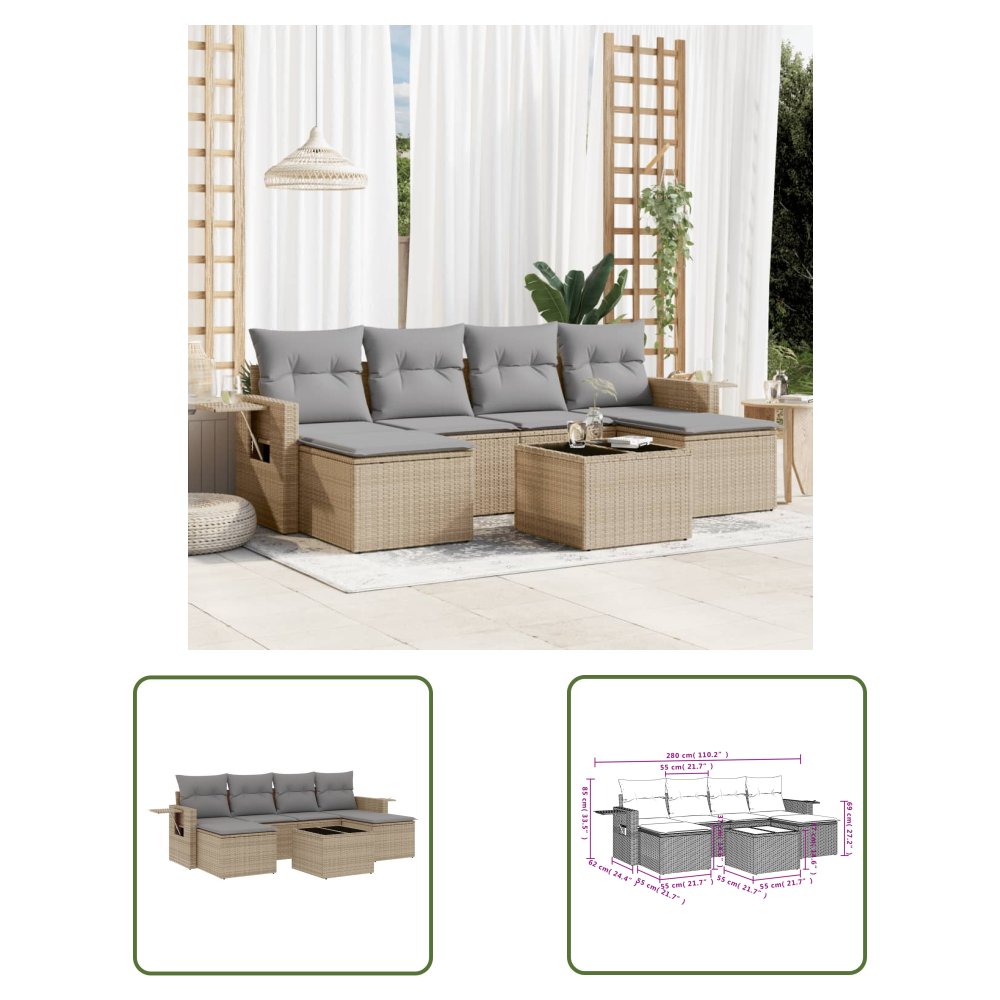 The Living Store 7-cz. zestaw wypoczynkowy do ogrodu - z poduszkami - beżowy - Sofa Ogrodowa