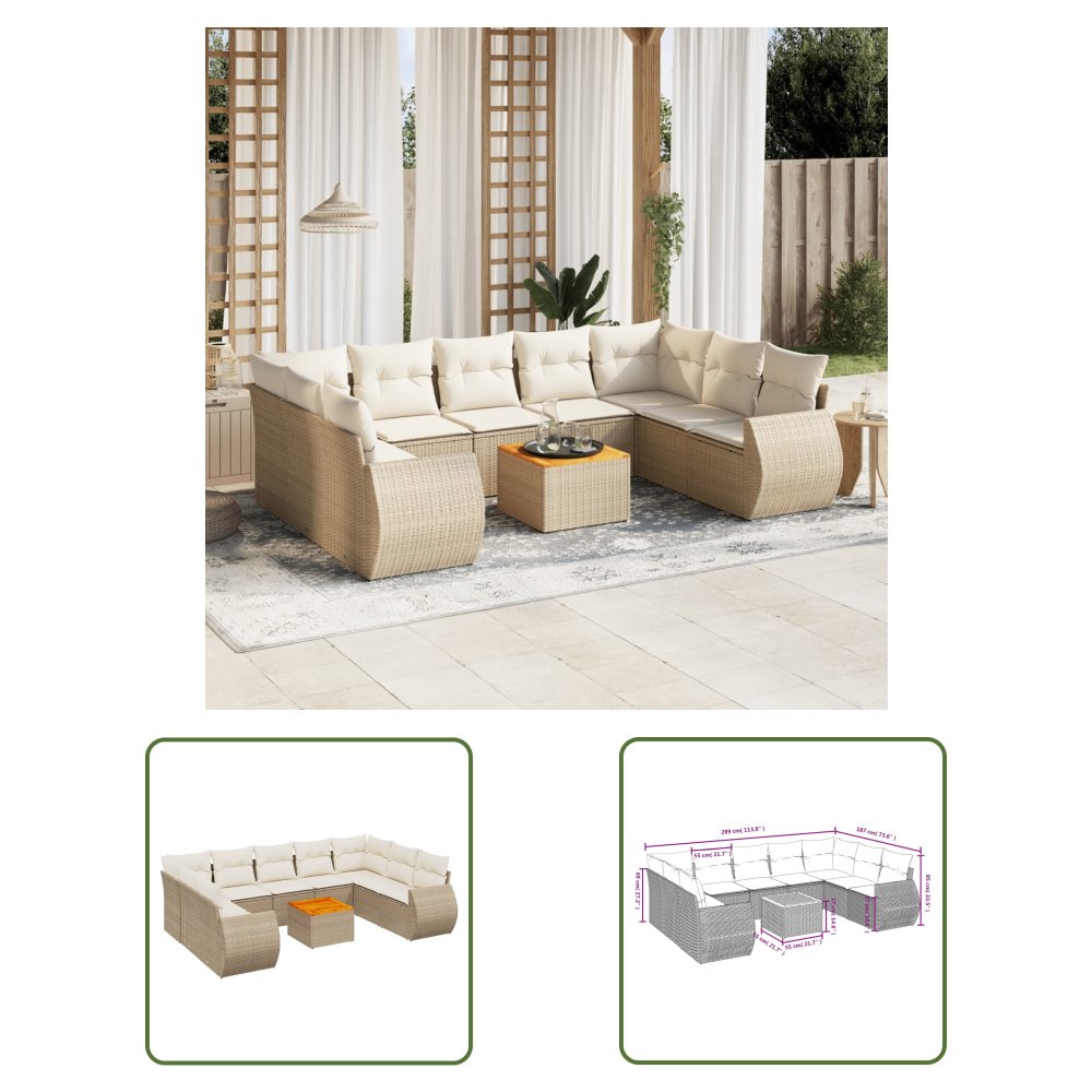 The Living Store 10-cz. zestaw mebli ogrodowych z poduszkami - beżowy - polirattan - Sofa Ogrodowa