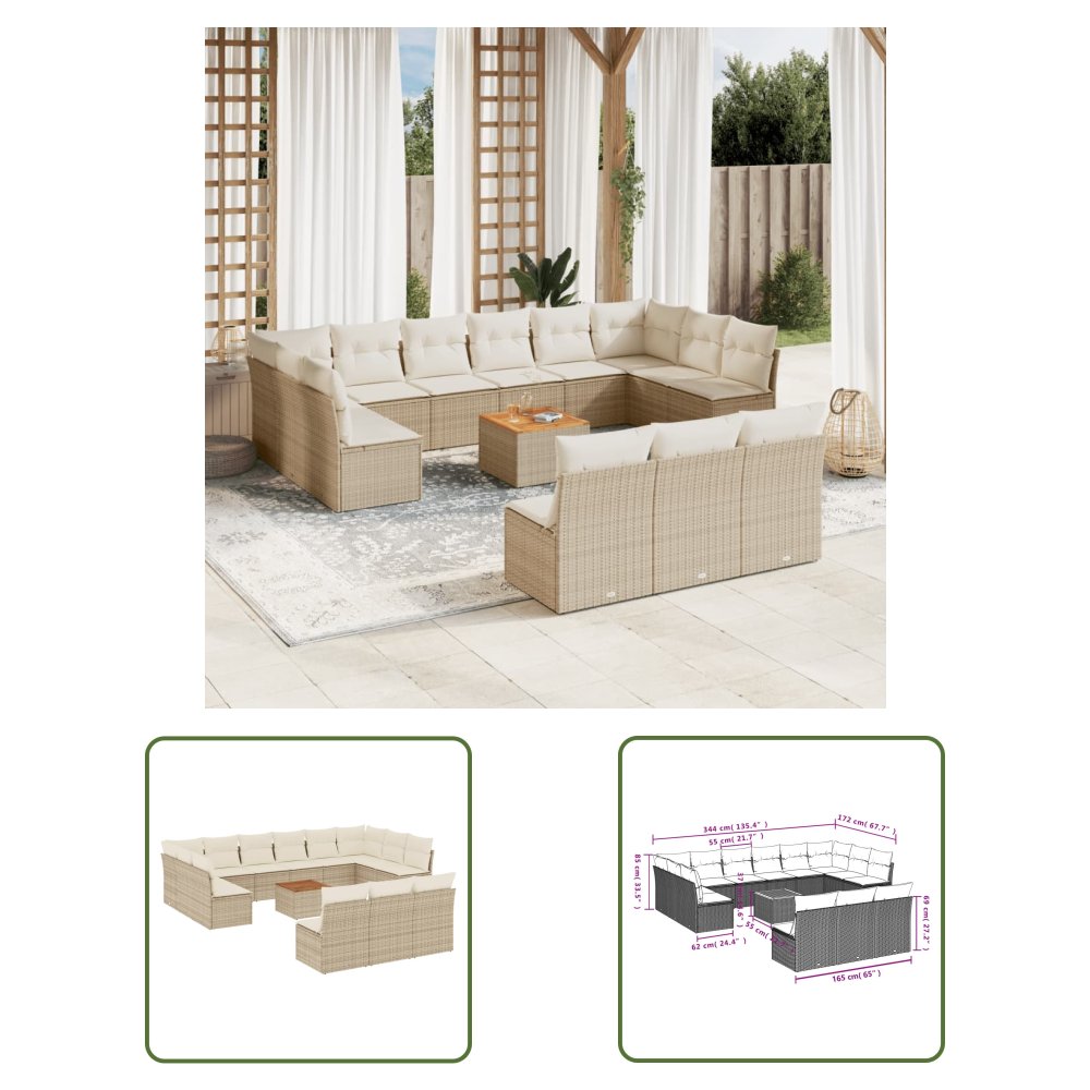 The Living Store 14-cz. zestaw mebli ogrodowych z poduszkami - beżowy - polirattan - Sofa Ogrodowa
