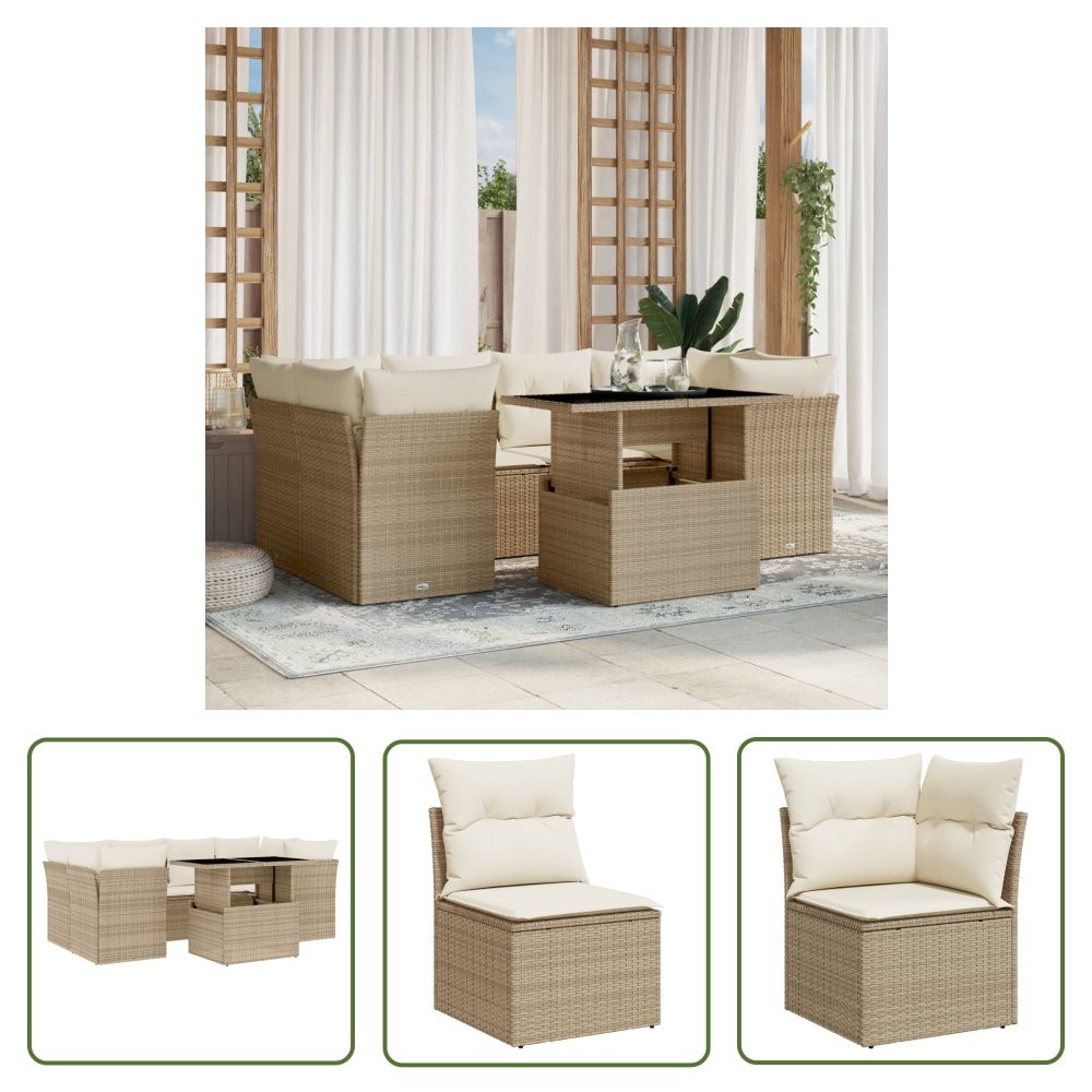 The Living Store 7-cz. zestaw wypoczynkowy do ogrodu - z poduszkami - beżowy - Sofa Ogrodowa