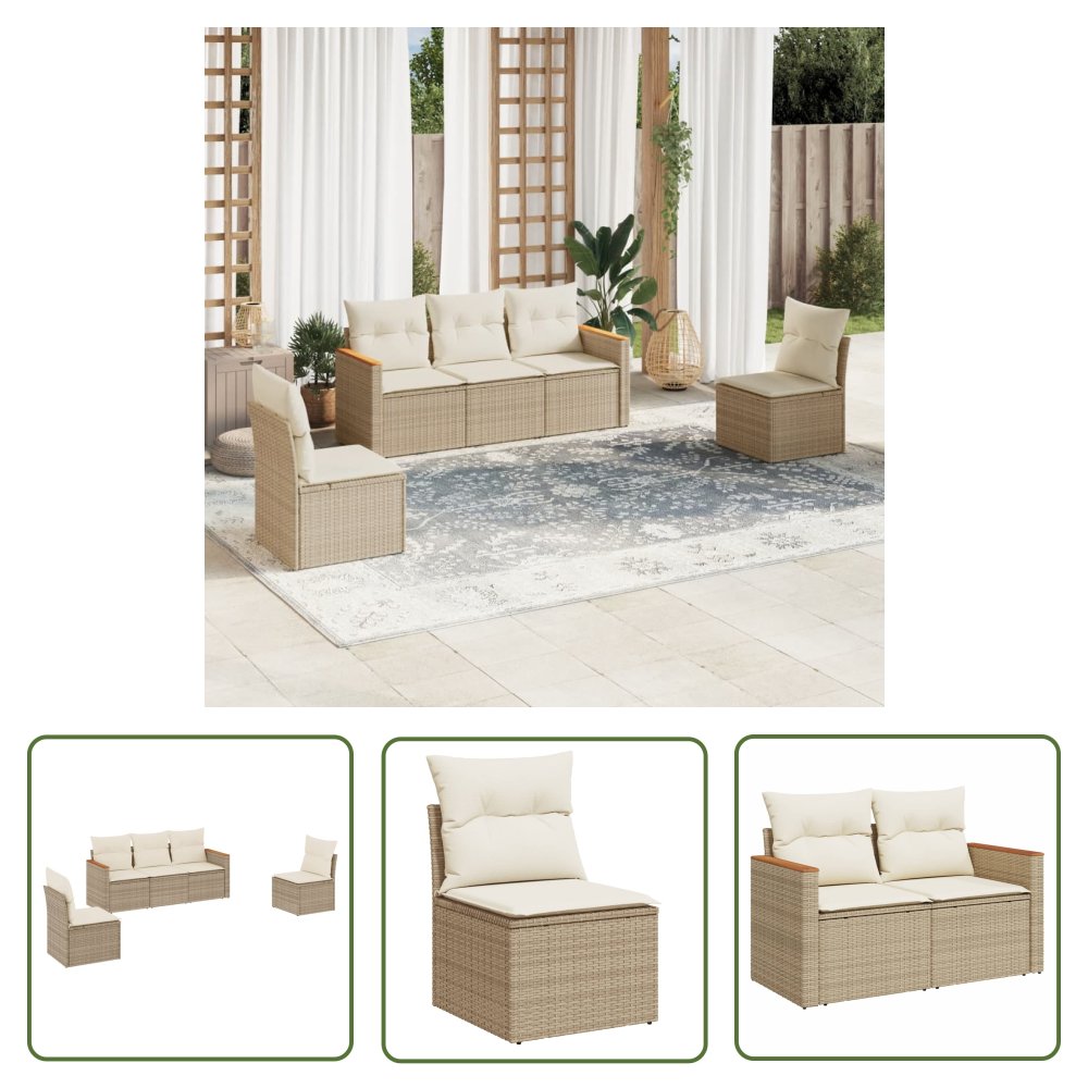 The Living Store 5-cz. zestaw mebli ogrodowych z poduszkami - beżowy - polirattan - Sofa Ogrodowa