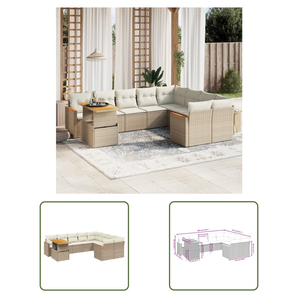 The Living Store 10-cz. zestaw mebli ogrodowych z poduszkami - beżowy - polirattan - Sofa Ogrodowa