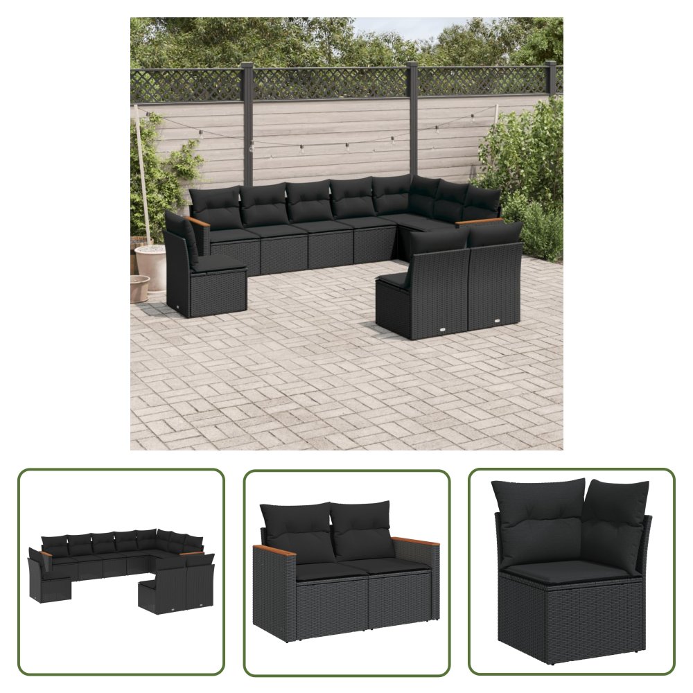 The Living Store 10-cz. zestaw wypoczynkowy do ogrodu - poduszki czarny rattan PE - Sofa Ogrodowa