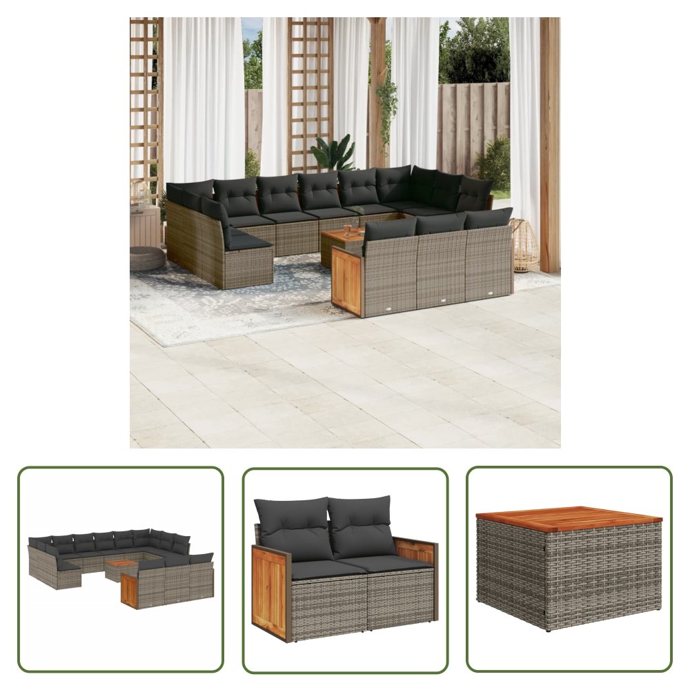 The Living Store 14-cz. zestaw mebli ogrodowych z poduszkami - szary - polirattan - Sofa Ogrodowa