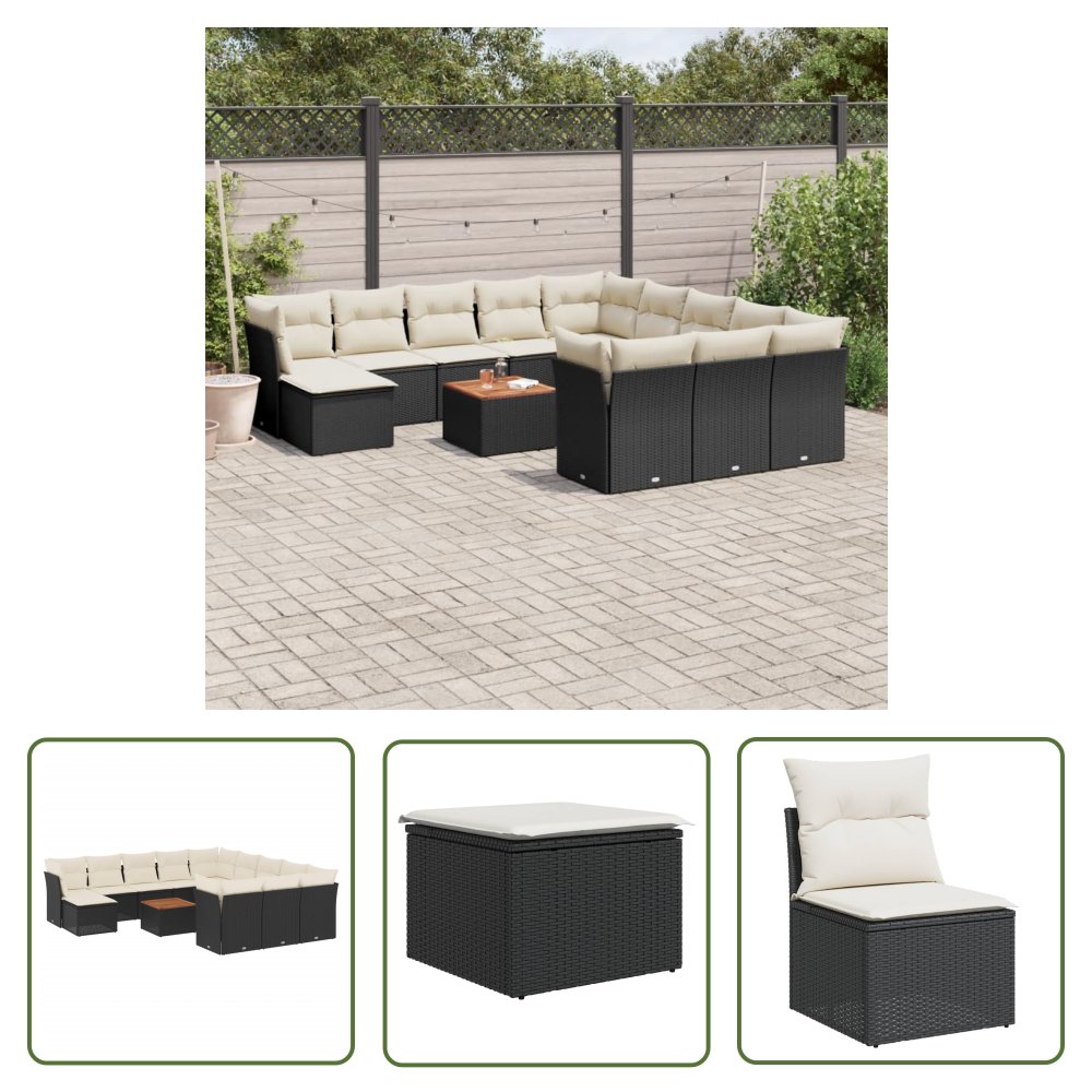 The Living Store 13-cz. zestaw mebli do ogrodu - poduszki - czarny - rattan PE - Sofa Ogrodowa