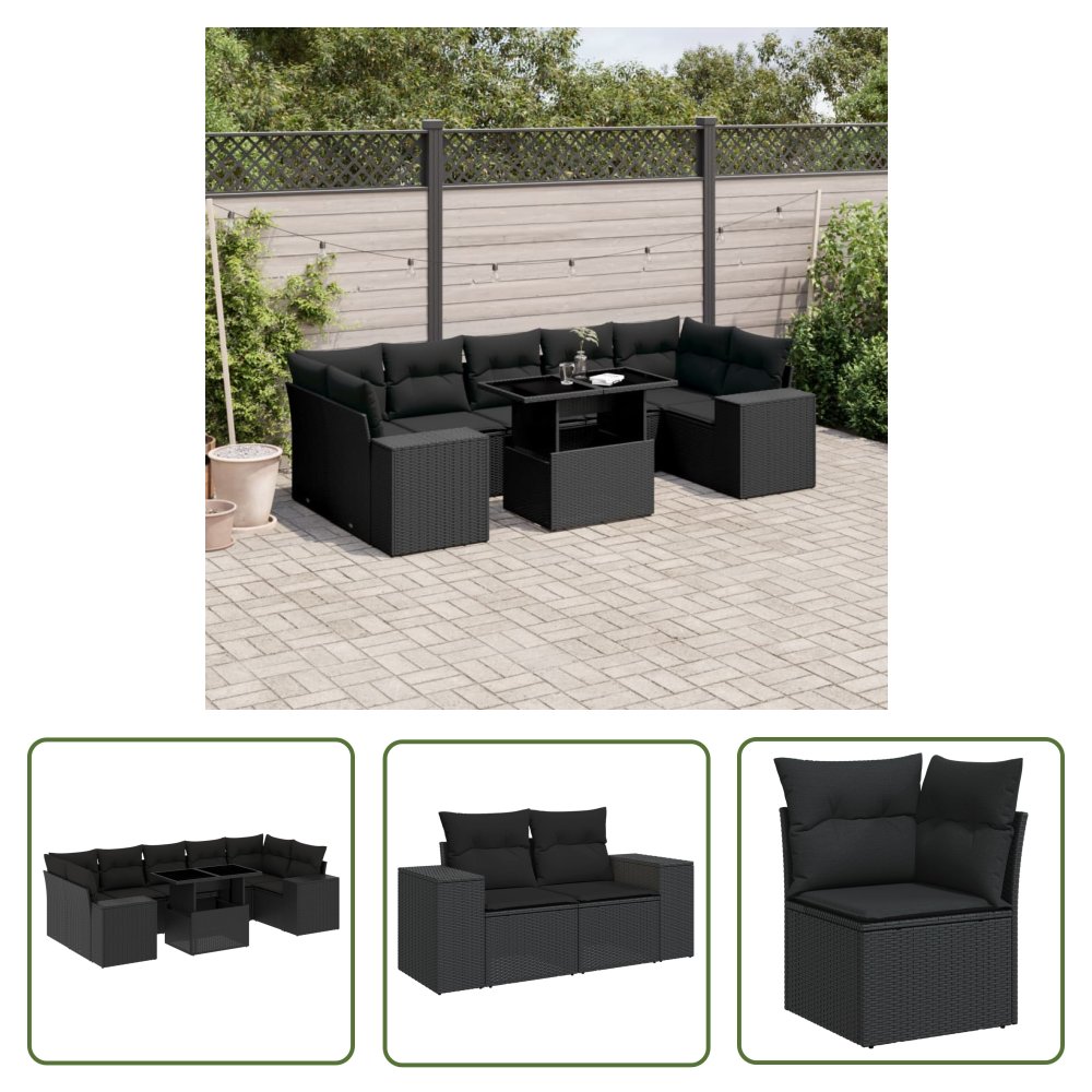The Living Store 8-cz. zestaw wypoczynkowy do ogrodu - z poduszkami - czarny - Sofa Ogrodowa