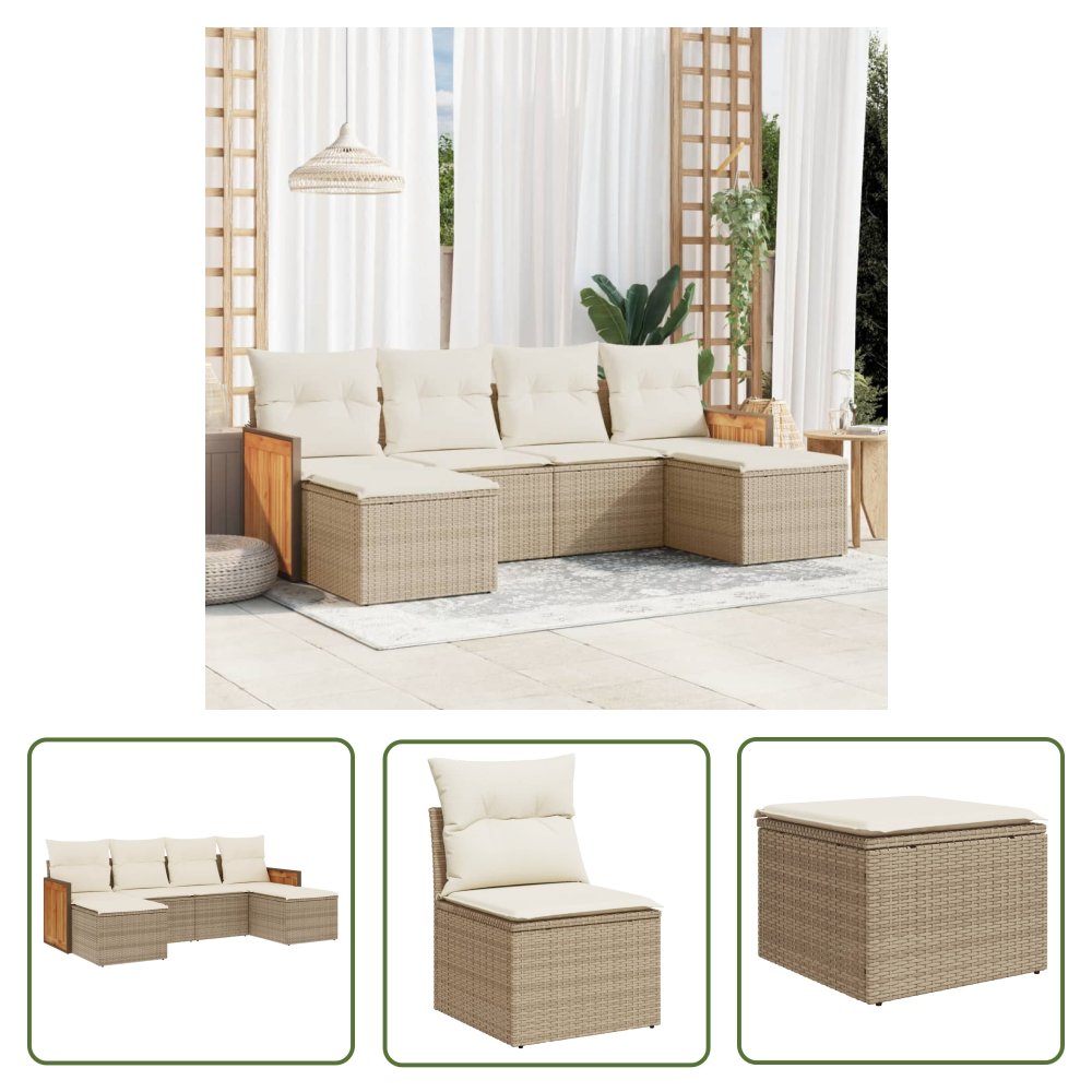 The Living Store 6-cz. zestaw mebli ogrodowych z poduszkami - beżowy - polirattan - Sofa Ogrodowa