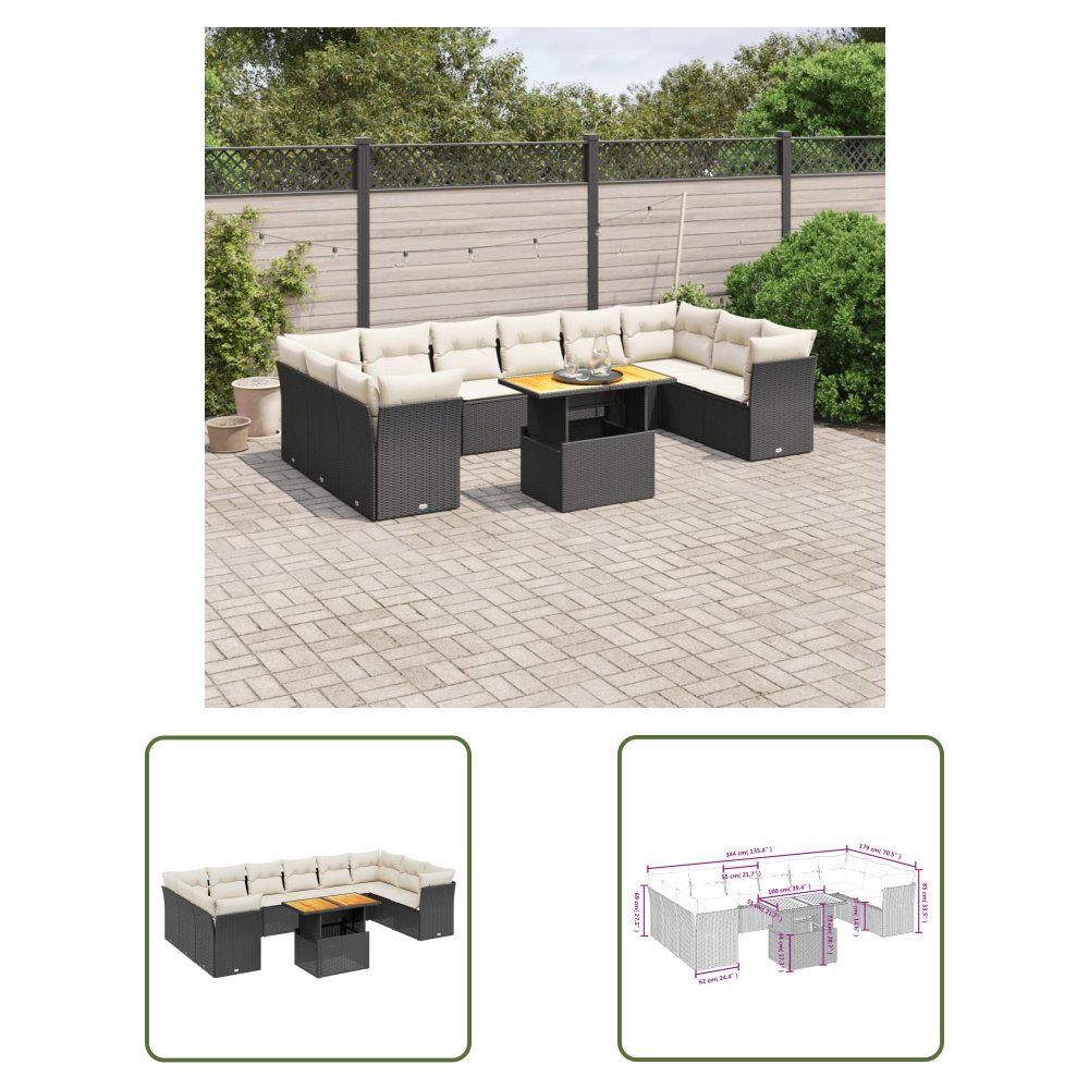 The Living Store 11-cz. zestaw wypoczynkowy do ogrodu - poduszki czarny rattan PE - Sofa Ogrodowa