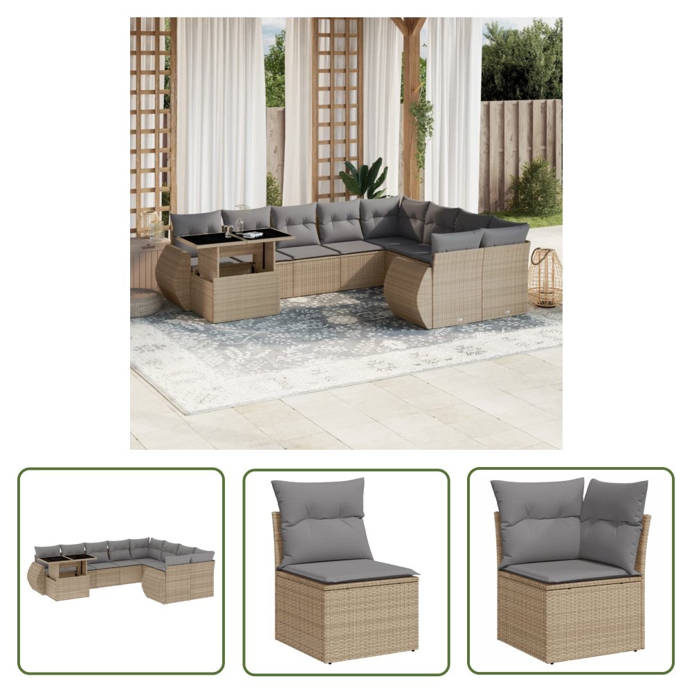 The Living Store 10-cz. zestaw mebli ogrodowych z poduszkami - beżowy - polirattan - Sofa Ogrodowa