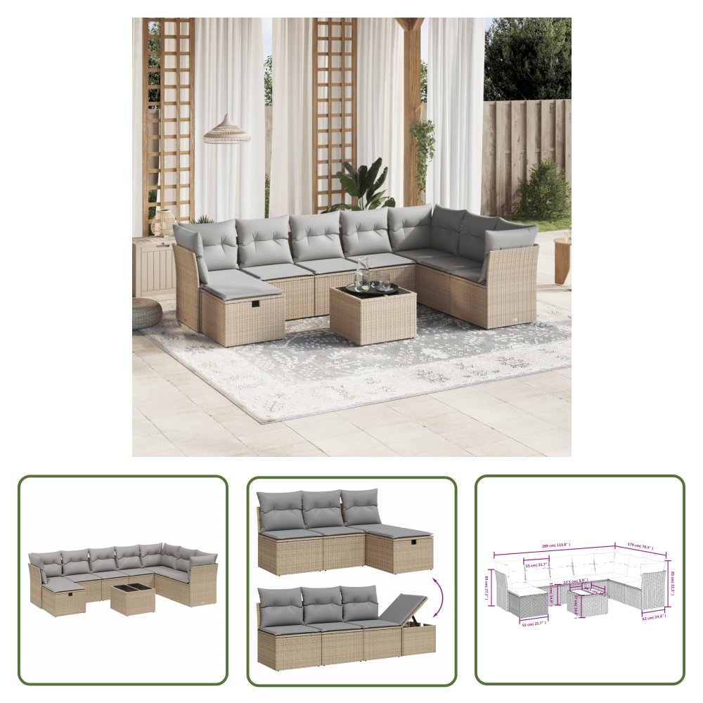The Living Store 9-cz. zestaw mebli ogrodowych z poduszkami - mieszany beż - Sofa Ogrodowa