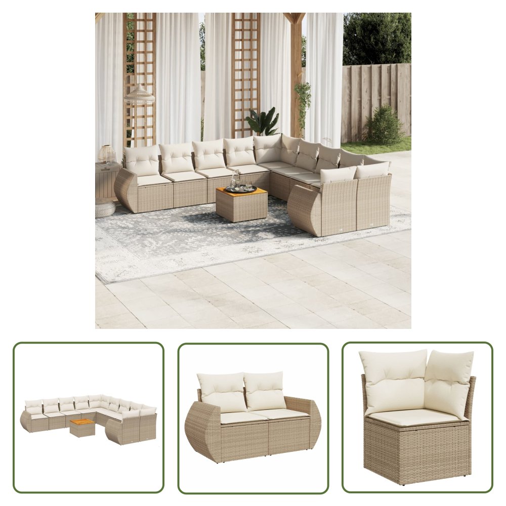 The Living Store 11-cz. zestaw mebli ogrodowych z poduszkami - beżowy - polirattan - Sofa Ogrodowa