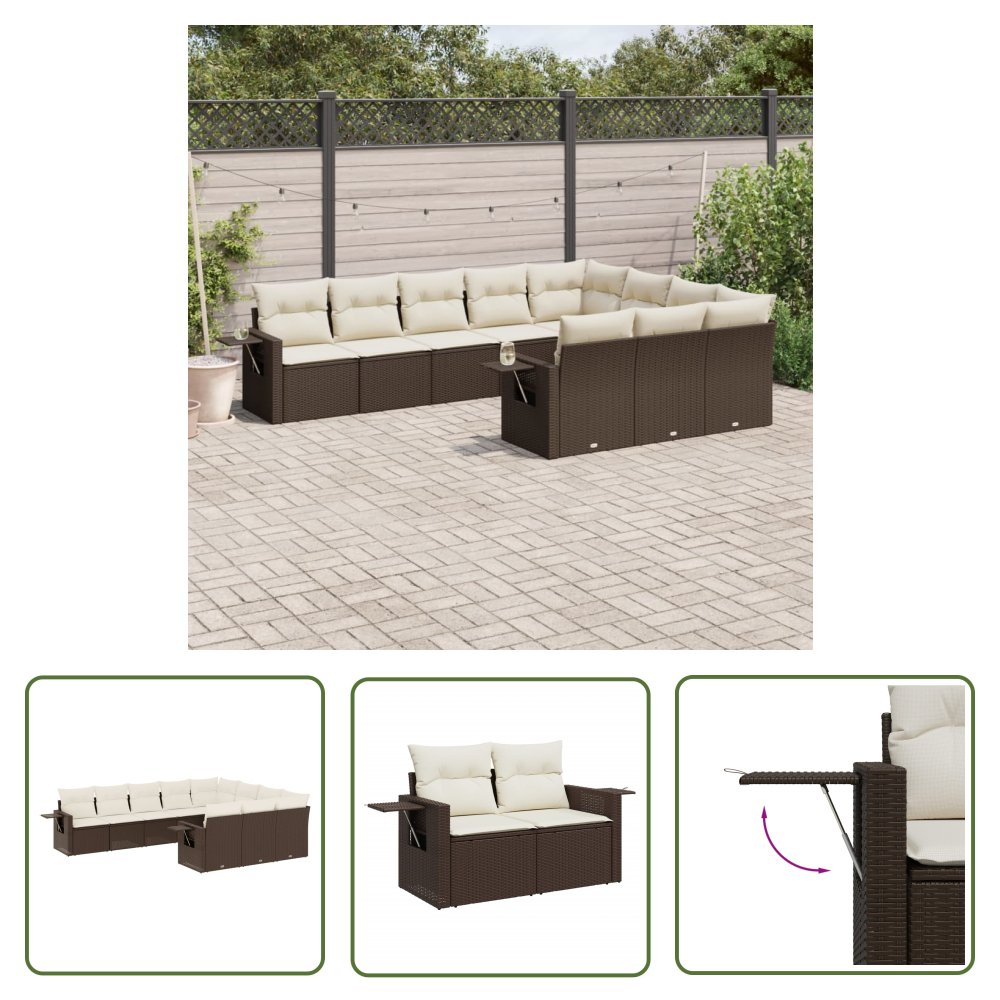 The Living Store 10-cz. zestaw mebli ogrodowych z poduszkami - brązowy polirattan - Sofa Ogrodowa