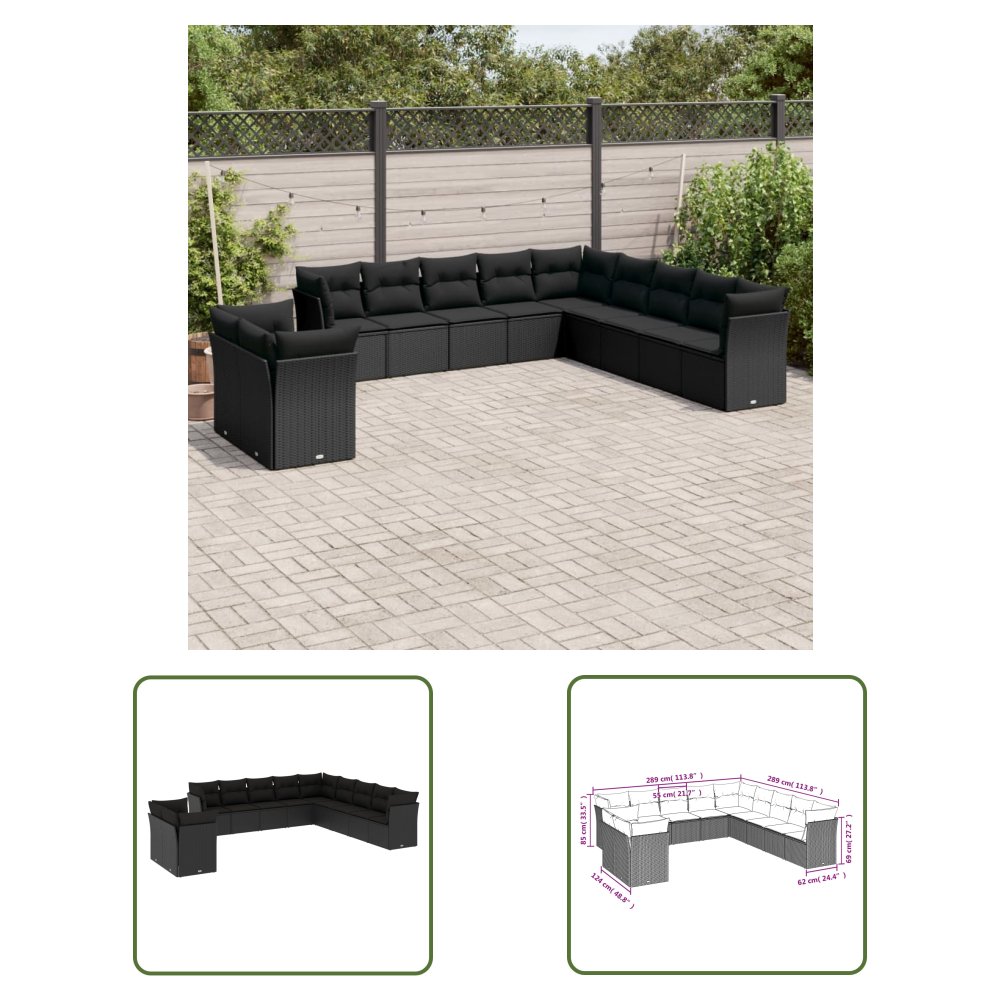 The Living Store 11-cz. zestaw wypoczynkowy do ogrodu - poduszki czarny rattan PE - Sofa Ogrodowa