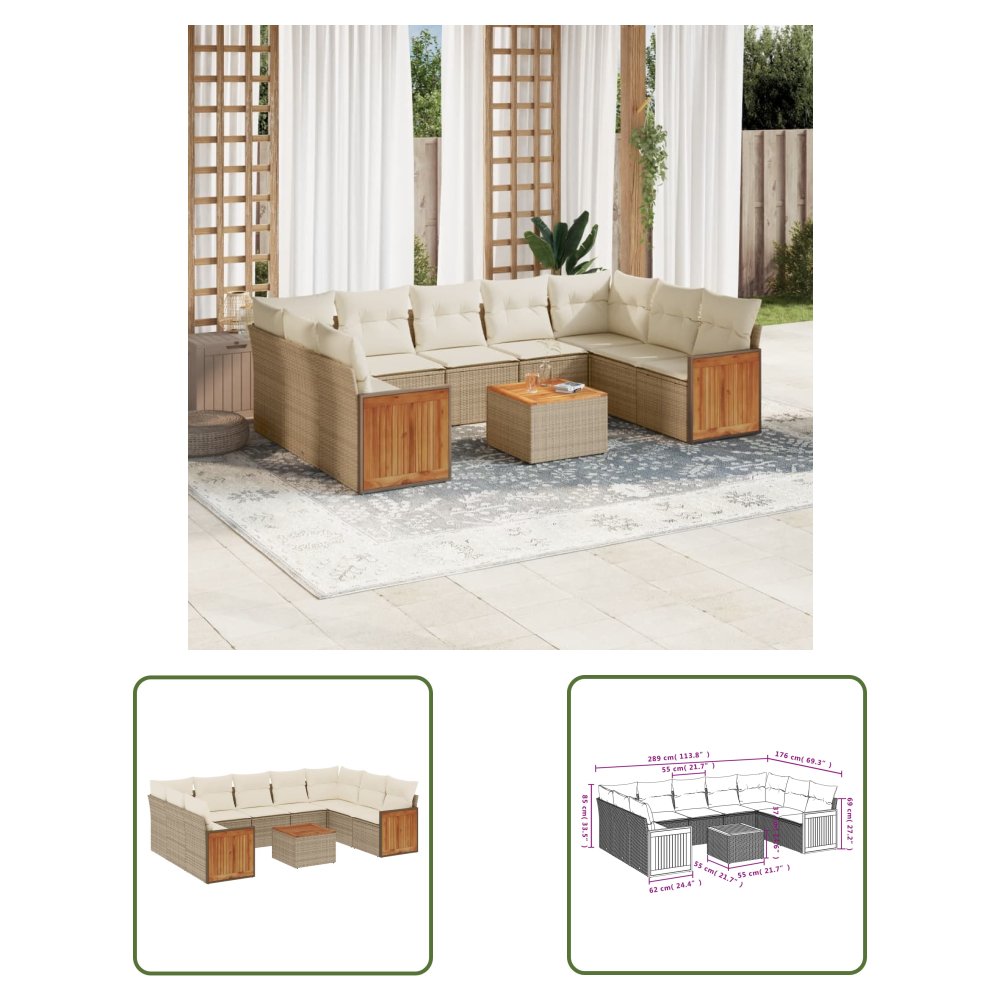 The Living Store 10-cz. zestaw mebli ogrodowych z poduszkami - beżowy - polirattan - Sofa Ogrodowa