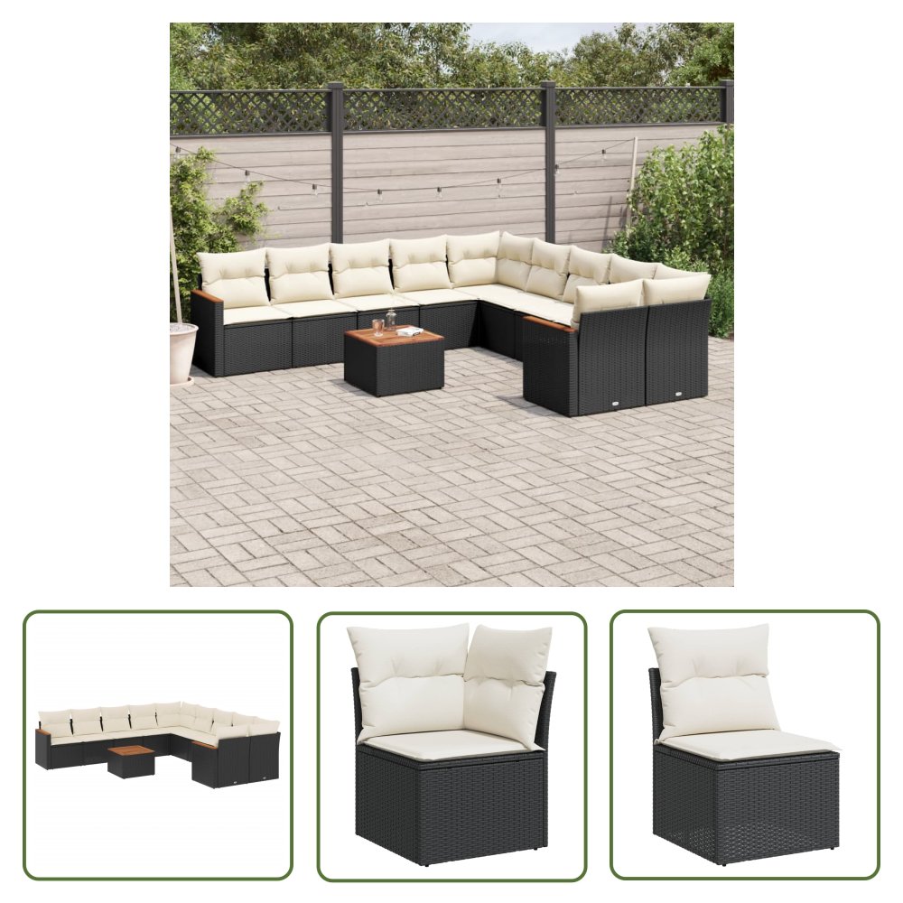 The Living Store 11-cz. zestaw wypoczynkowy do ogrodu - poduszki czarny rattan PE - Sofa Ogrodowa