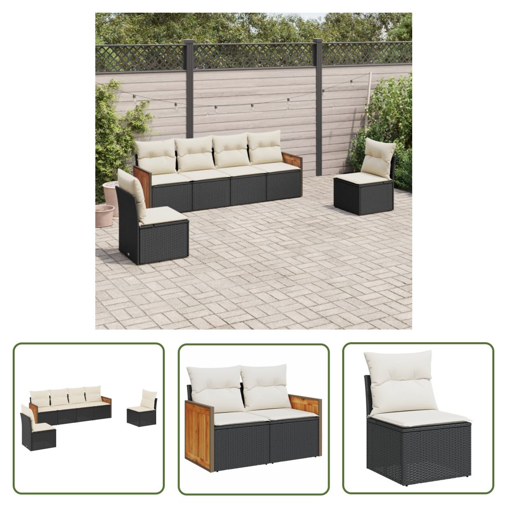 The Living Store 6-cz. zestaw mebli ogrodowych z poduszkami - czarny polirattan - Sofa Ogrodowa