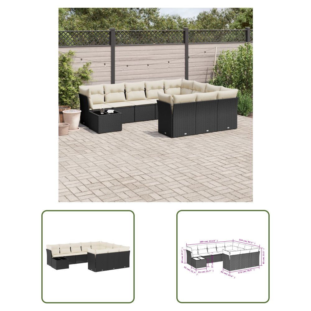 The Living Store 11-cz. zestaw wypoczynkowy do ogrodu - poduszki czarny rattan PE - Sofa Ogrodowa