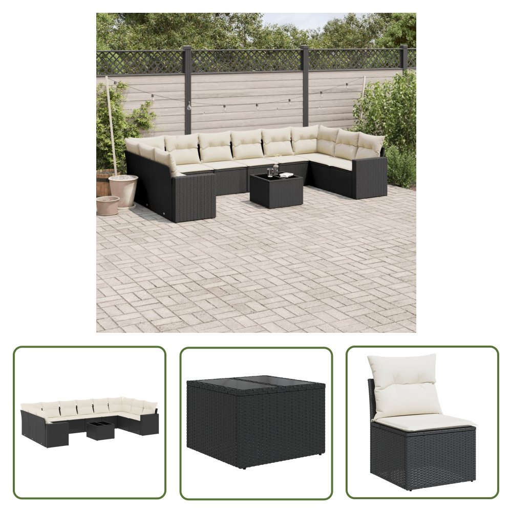 The Living Store 11-cz. zestaw wypoczynkowy do ogrodu - poduszki czarny rattan PE - Sofa Ogrodowa