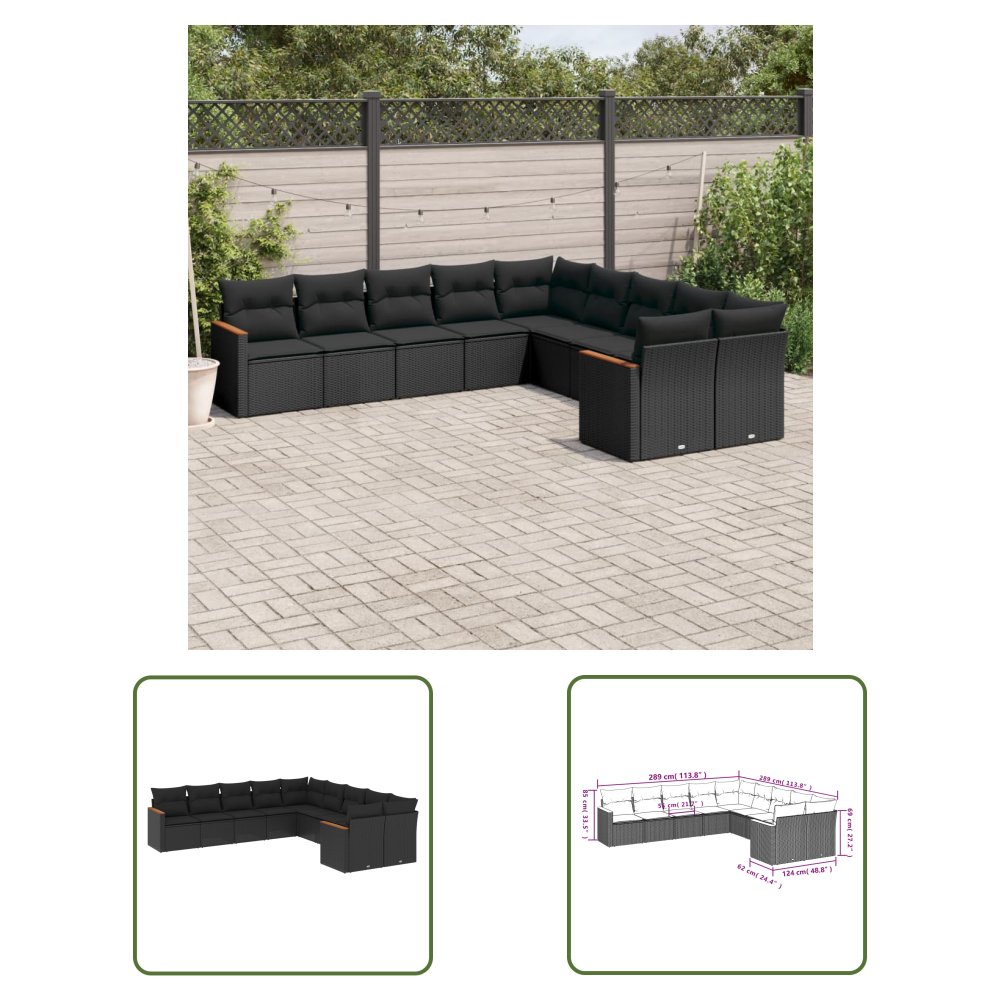 The Living Store 10-cz. zestaw wypoczynkowy do ogrodu - poduszki czarny rattan PE - Sofa Ogrodowa