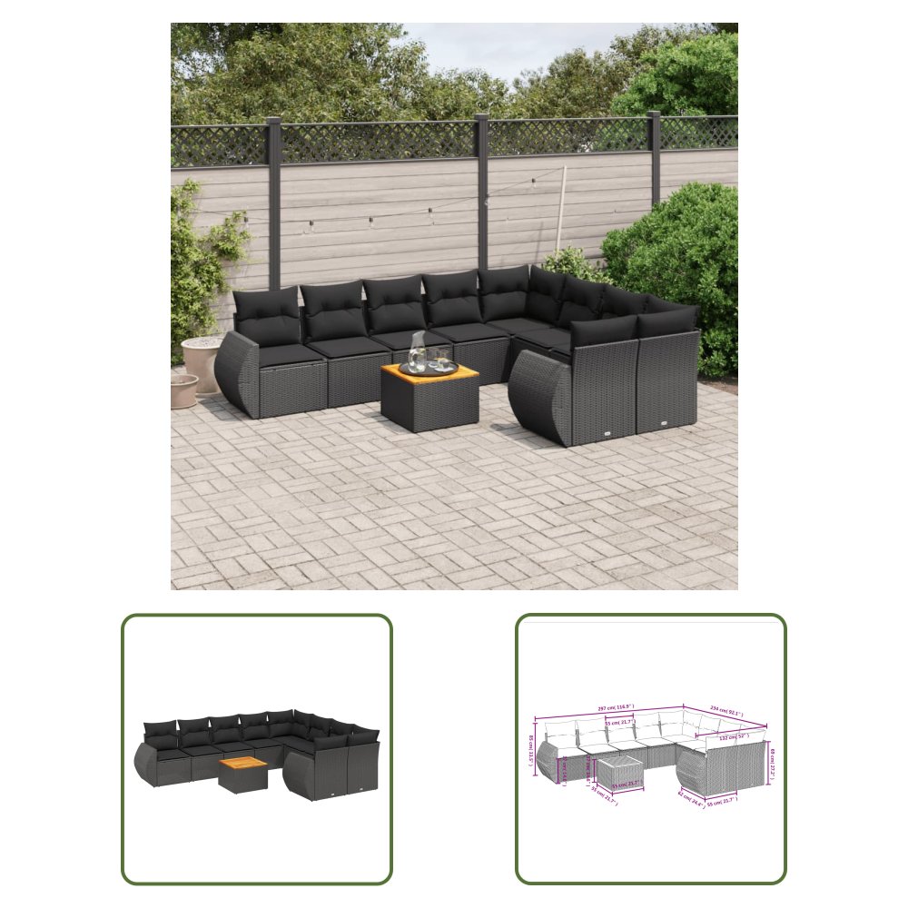 The Living Store 10-cz. zestaw wypoczynkowy do ogrodu - poduszki czarny rattan PE - Sofa Ogrodowa