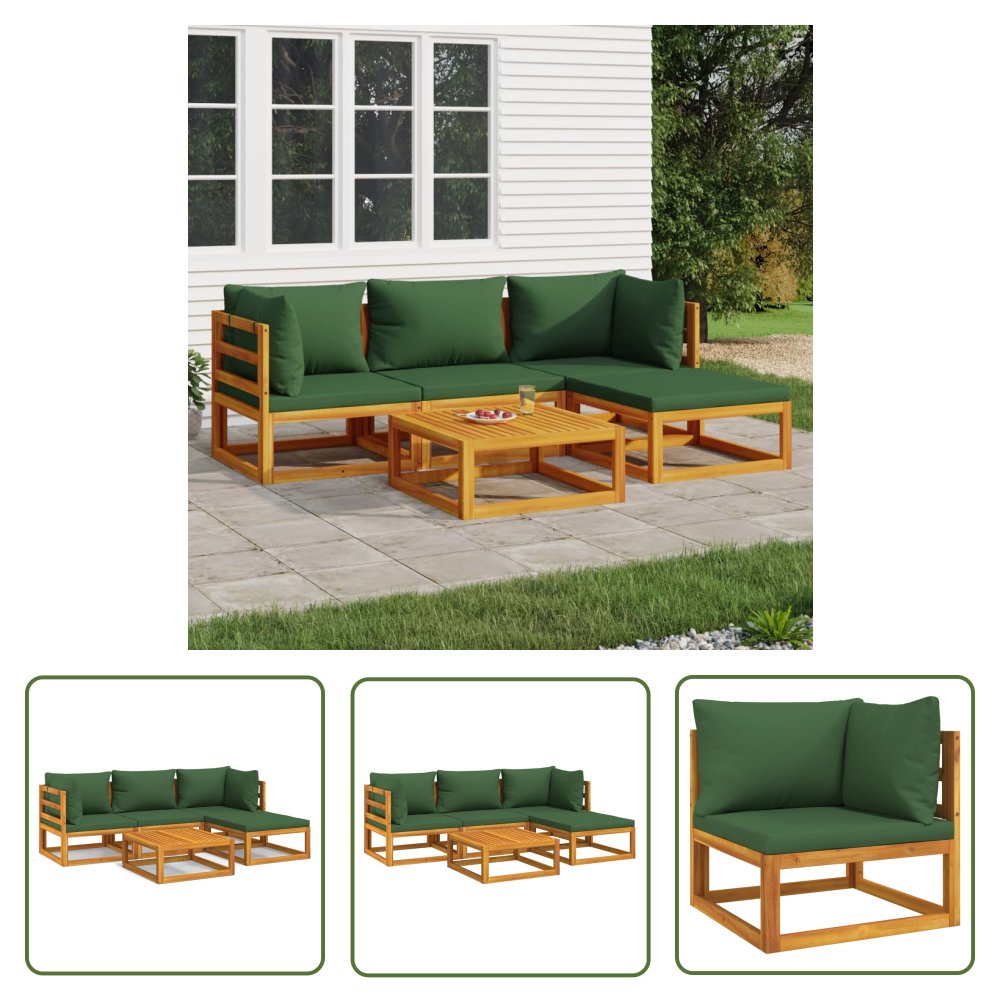 The Living Store 5-cz. ogrodowy zestaw wypoczynkowy - zielone poduszki - drewno - Zestaw Wypoczynkowy Do Ogrodu