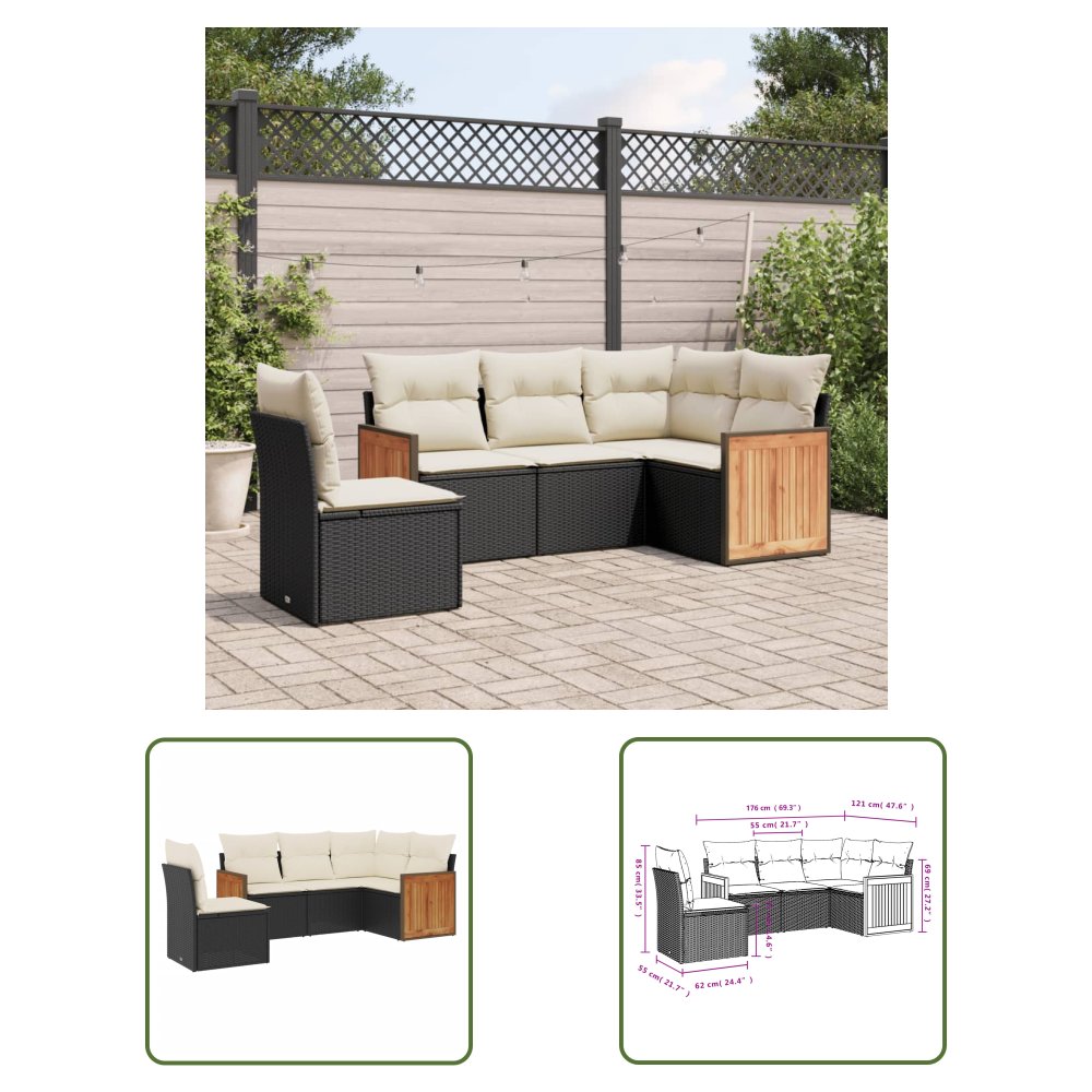 The Living Store 5-cz. zestaw wypoczynkowy do ogrodu - poduszki - czarny rattan PE - Sofa Ogrodowa