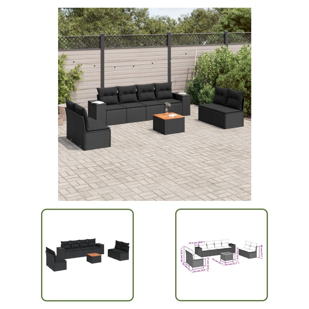 The Living Store 9-cz. zestaw wypoczynkowy do ogrodu - z poduszkami - czarny - Sofa Ogrodowa