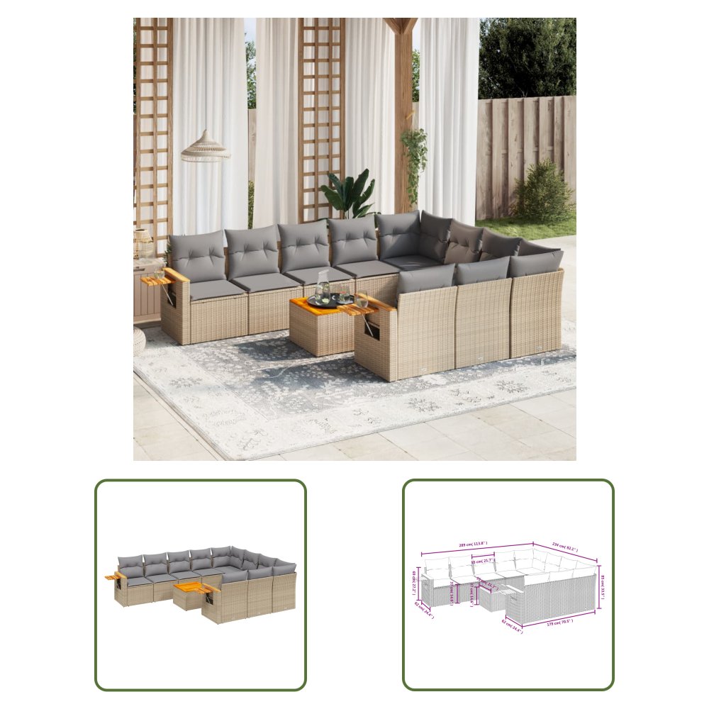 The Living Store 11-cz. zestaw mebli ogrodowych z poduszkami - beżowy - polirattan - Sofa Ogrodowa