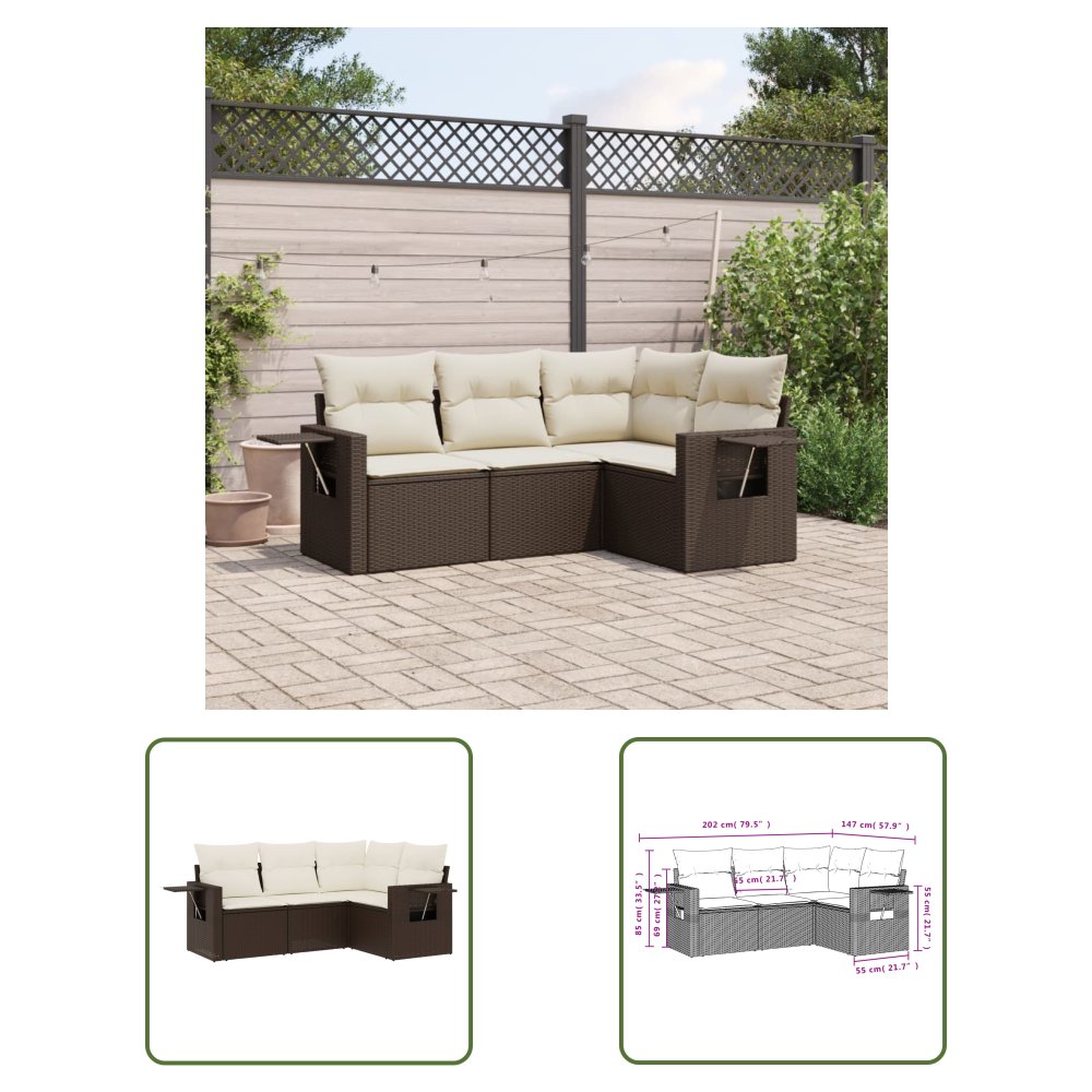 The Living Store 4-cz zestaw wypoczynkowy do ogrodu - poduszki - brązowy rattan PE - Sofa Ogrodowa