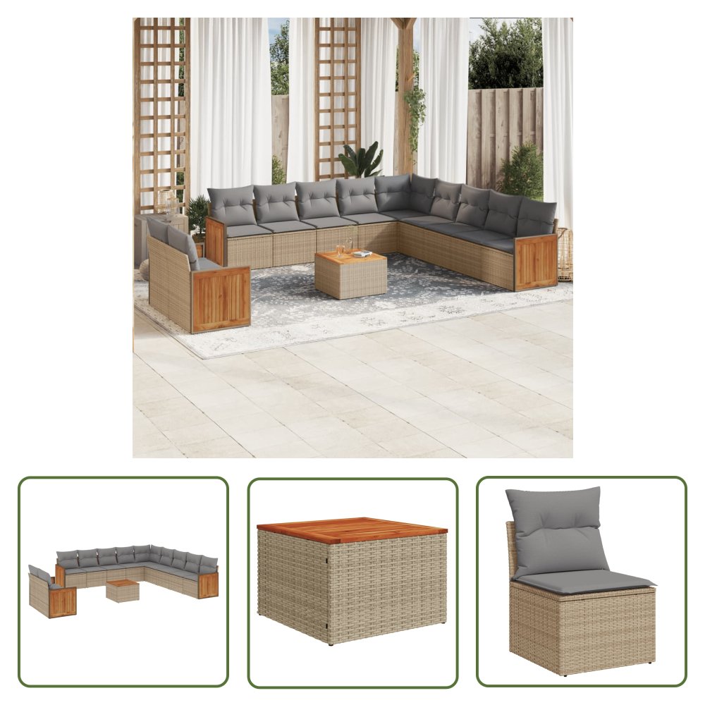 The Living Store 12-cz. zestaw mebli ogrodowych z poduszkami - beżowy - polirattan - Sofa Ogrodowa