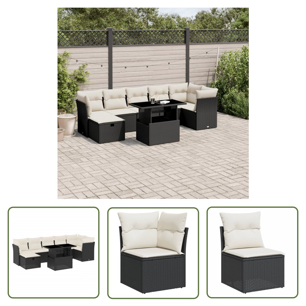 The Living Store 8-cz. zestaw wypoczynkowy do ogrodu - z poduszkami - czarny - Sofa Ogrodowa