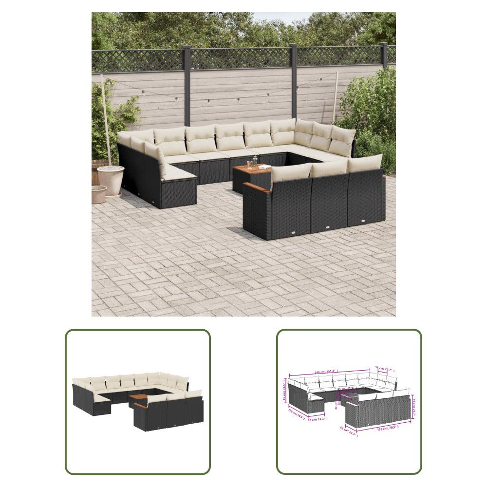 The Living Store 14-cz. zestaw wypoczynkowy do ogrodu - poduszki czarny rattan PE - Sofa Ogrodowa