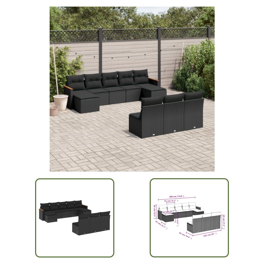 The Living Store 10-cz. zestaw wypoczynkowy do ogrodu - poduszki czarny rattan PE - Sofa Ogrodowa