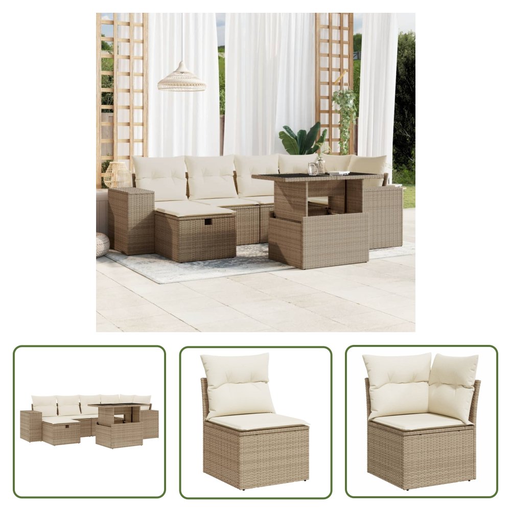 The Living Store 7-cz. zestaw wypoczynkowy do ogrodu - z poduszkami - beżowy - Sofa Ogrodowa