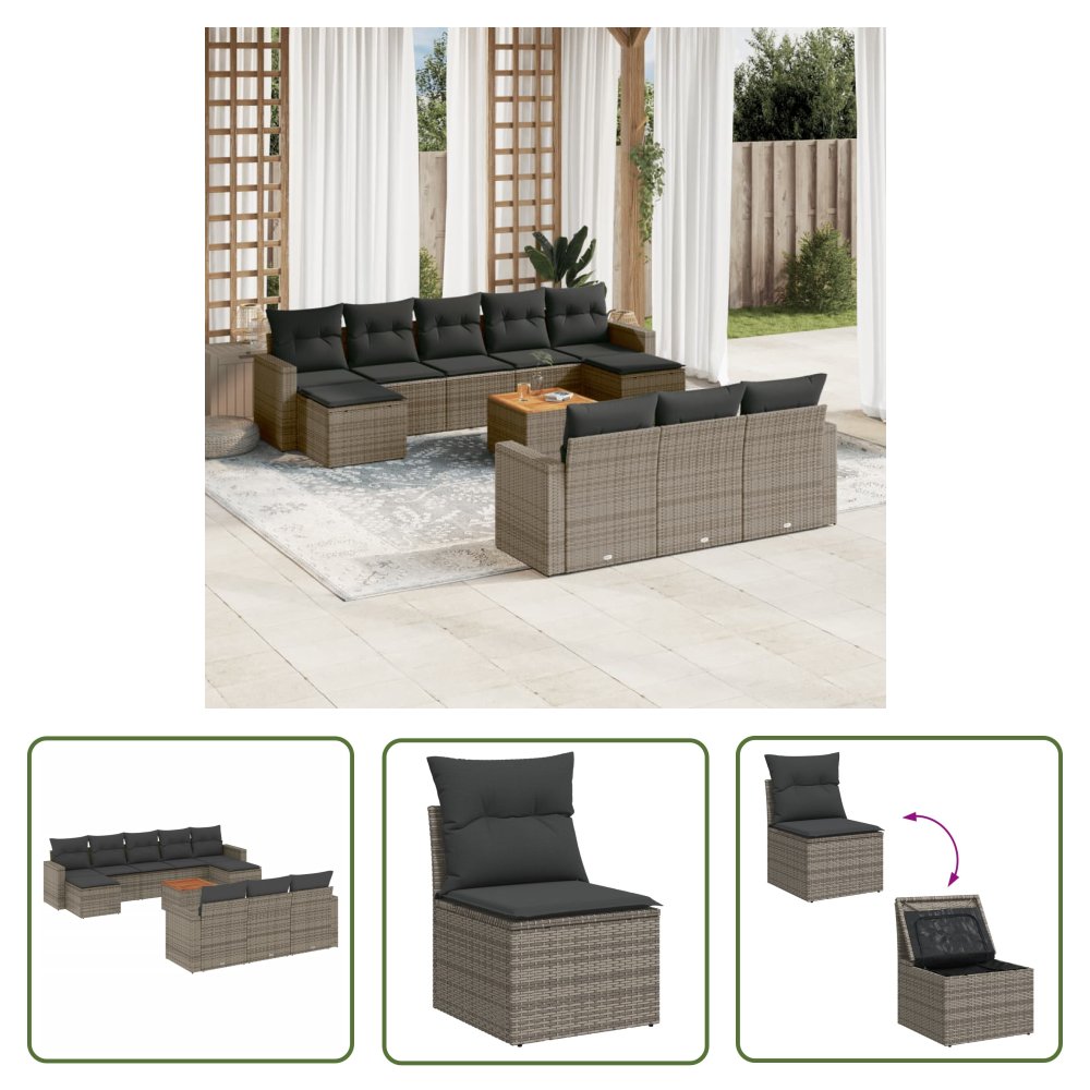 The Living Store 11-cz. zestaw mebli ogrodowych z poduszkami - szary rattan PE - Sofa Ogrodowa