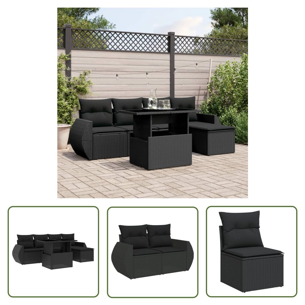 The Living Store 6-cz. zestaw mebli ogrodowych z poduszkami - czarny polirattan - Sofa Ogrodowa