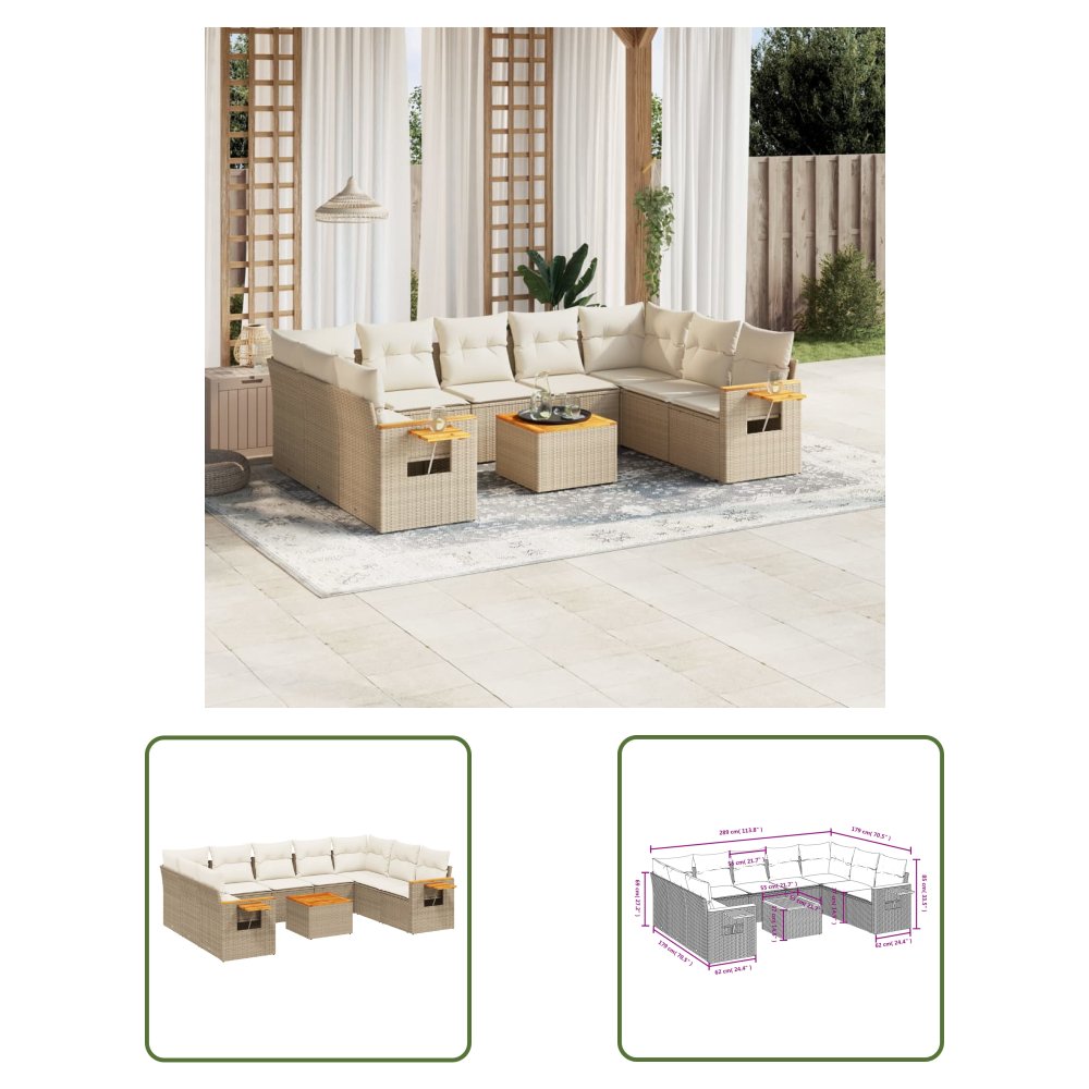 The Living Store 10-cz. zestaw mebli ogrodowych z poduszkami - beżowy - polirattan - Sofa Ogrodowa