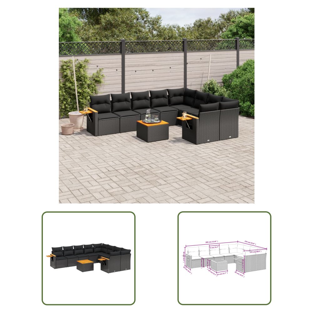 The Living Store 10-cz. zestaw wypoczynkowy do ogrodu - poduszki czarny rattan PE - Sofa Ogrodowa