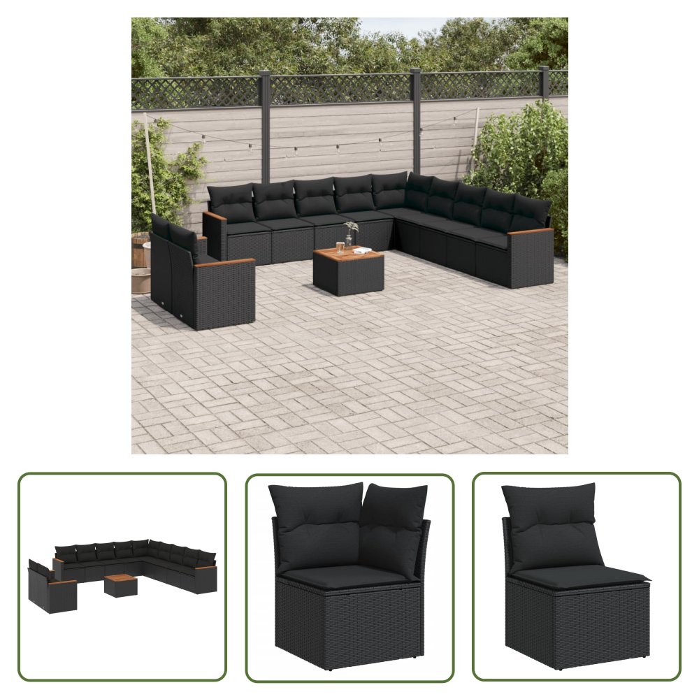 The Living Store 12-cz. zestaw mebli do ogrodu - z poduszkami - czarny - polirattan - Sofa Ogrodowa