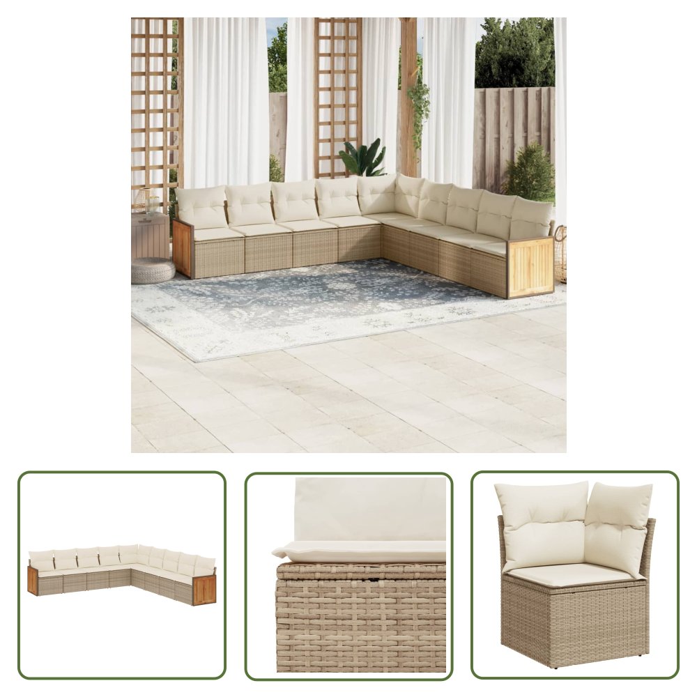 The Living Store 9-cz. zestaw mebli ogrodowych z poduszkami - beżowy - polirattan - Sofa Ogrodowa