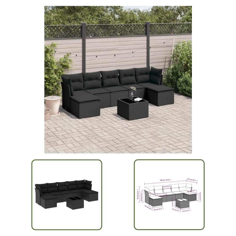 The Living Store 8-cz. zestaw wypoczynkowy do ogrodu - z poduszkami - czarny - Sofa Ogrodowa