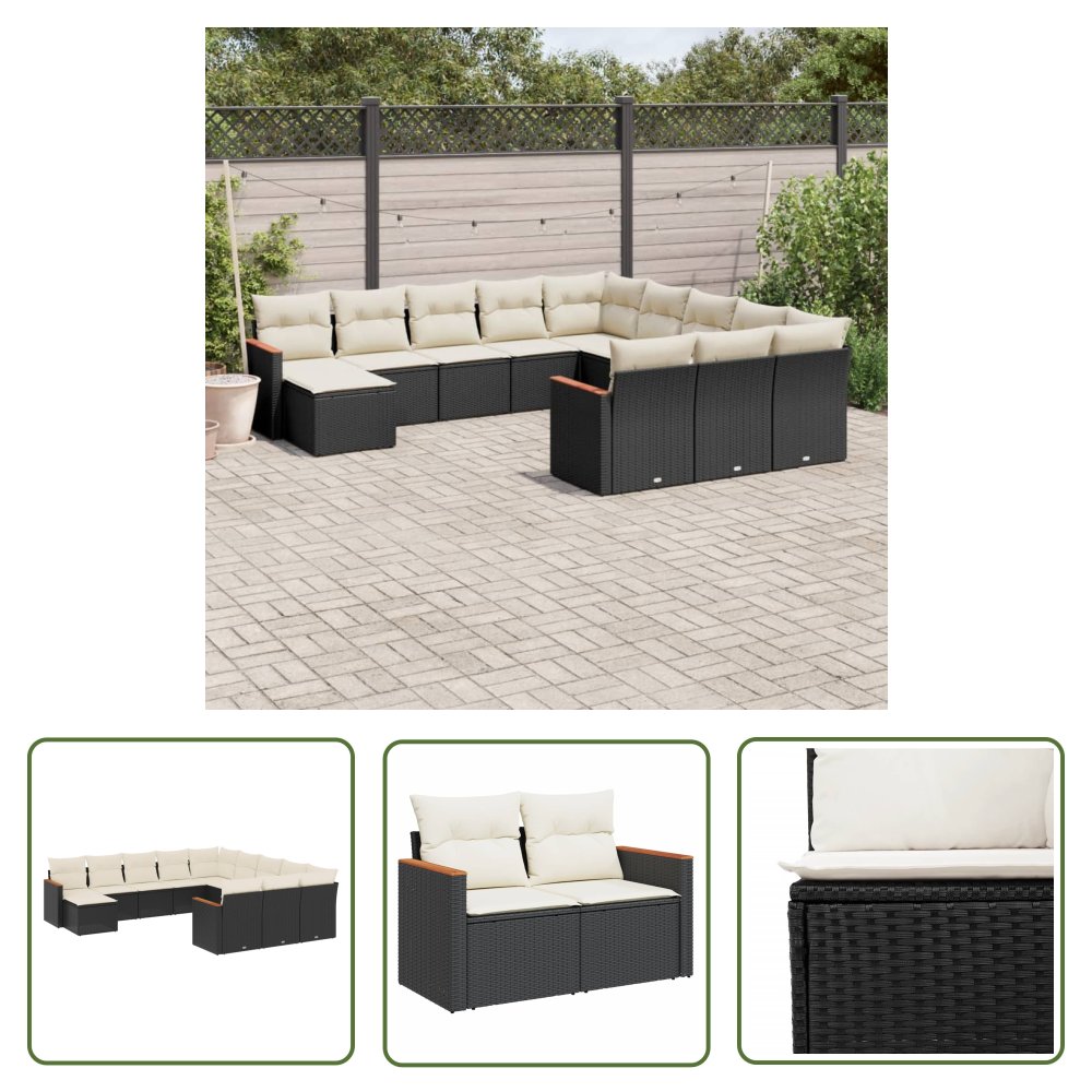 The Living Store 12-cz. zestaw mebli do ogrodu - z poduszkami - czarny - polirattan - Sofa Ogrodowa